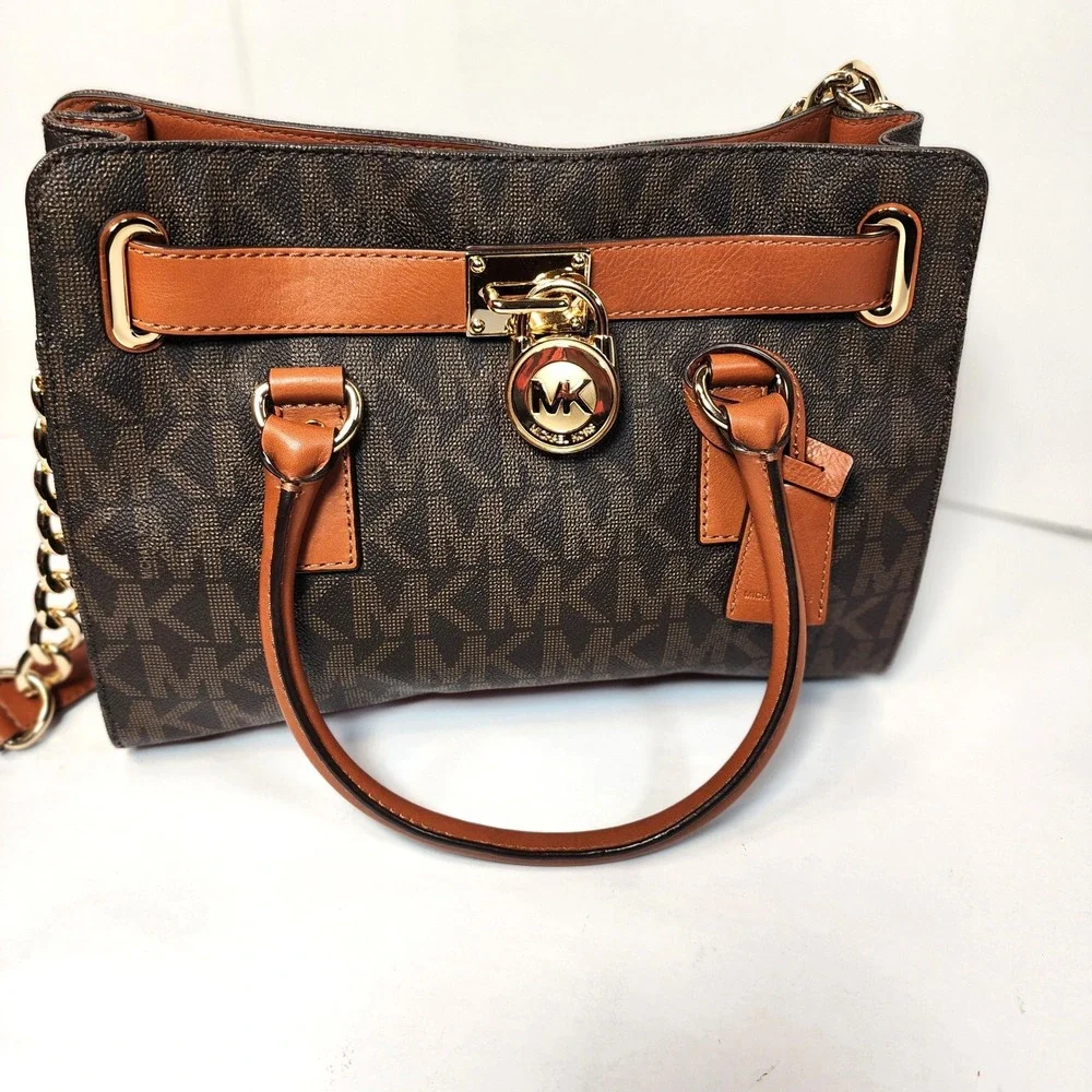 Michael Kors Hamilton Satchel Brown Monogram Canvas Tan Leather Gold Padlock Bag
